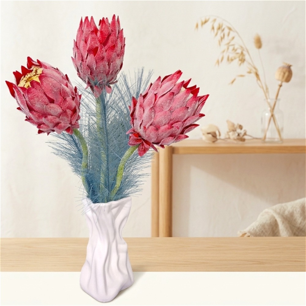 Flocked Artificial King Protea Stem, 3‑Head Crimson Red