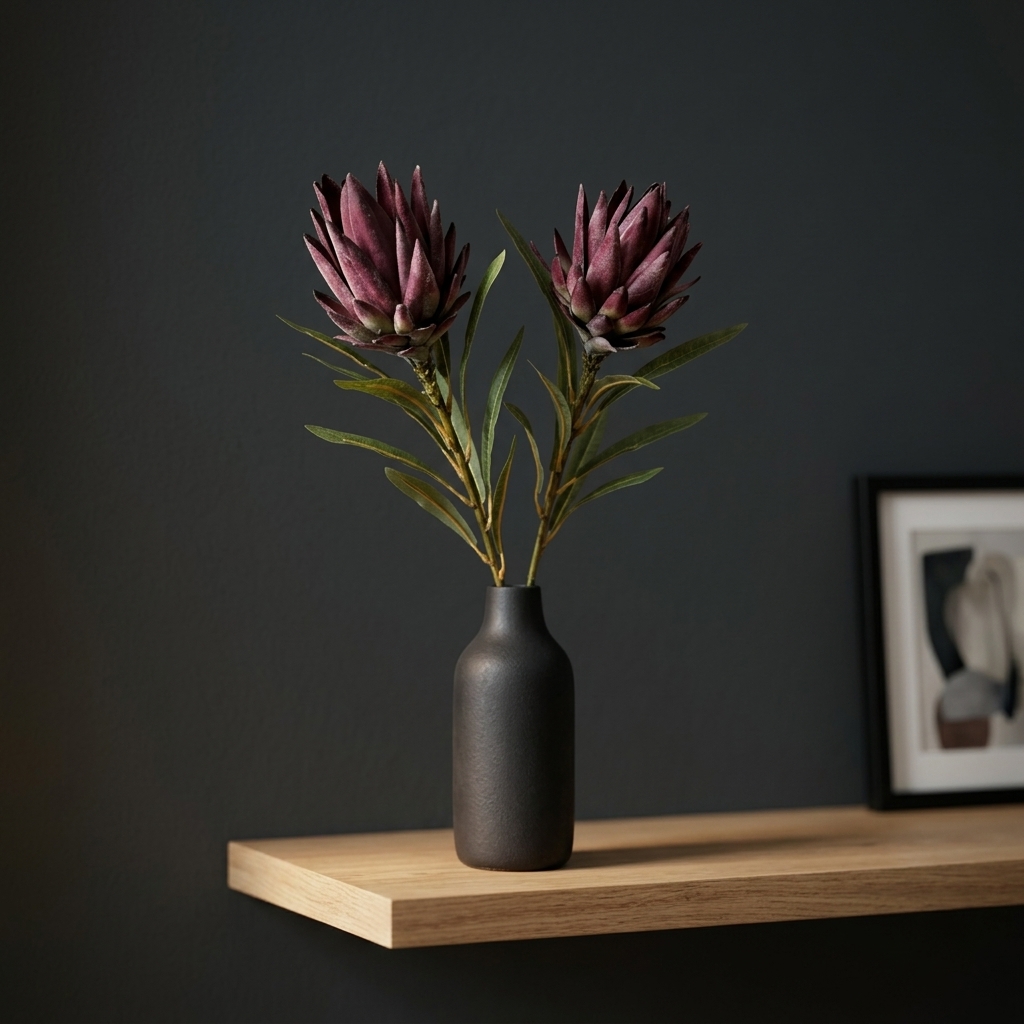 Artificial King Protea Stem, 2‑Head Deep Burgundy‑Plum